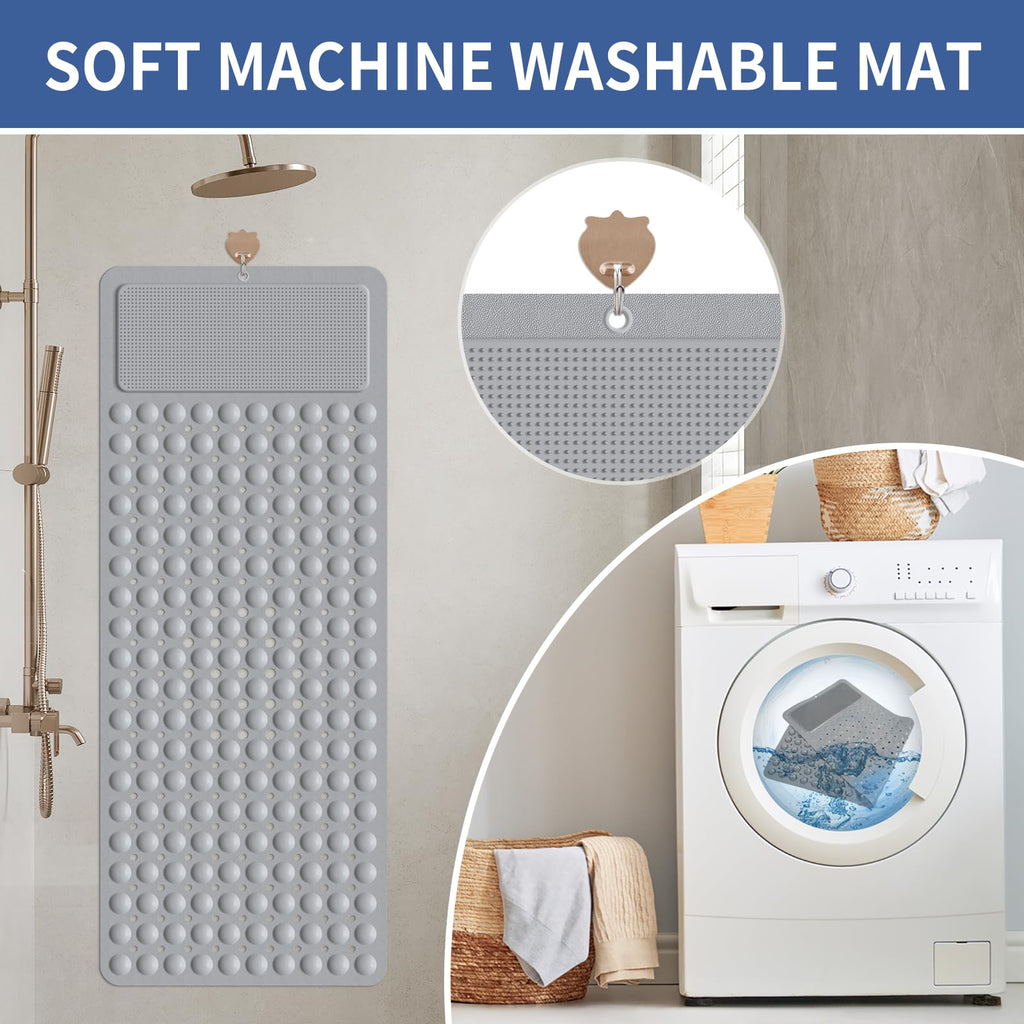 OTHWAY Extra Long Bathtub Mat, 39x 16In Shower Foot Scrubber Mat, Soft TPE Anti Slip Bath Mat for Tub, Machine Washable Shower Mat Non Slip with Big Suction Cups Drain Holes for Bathroom(L-Grey)