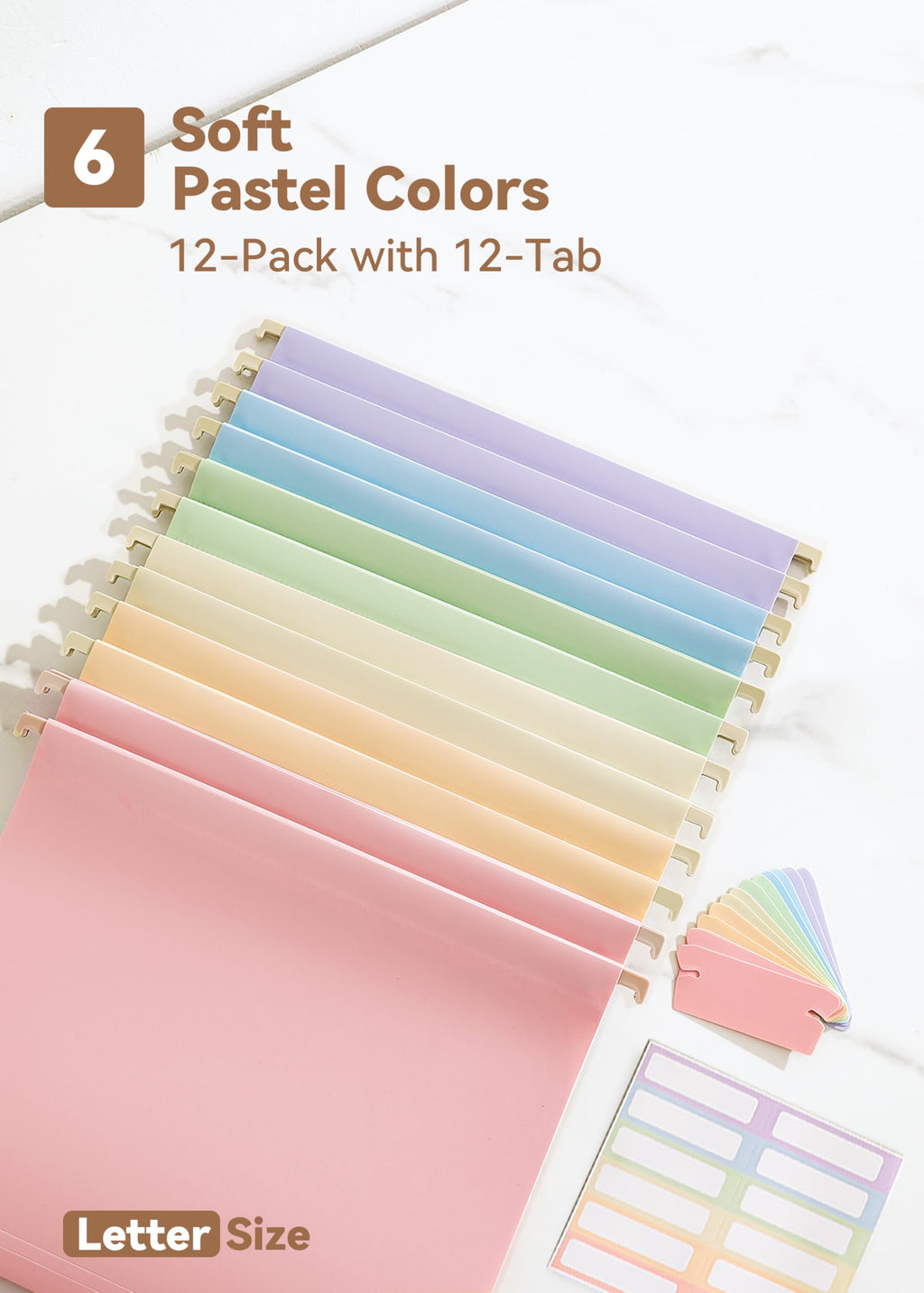 SortRax Plastic Hanging File Folders, Letter Size, 12 Pack Pastel Hanging Folders, with Insertable 1/5-Cut Tabs for Filing Cabinets