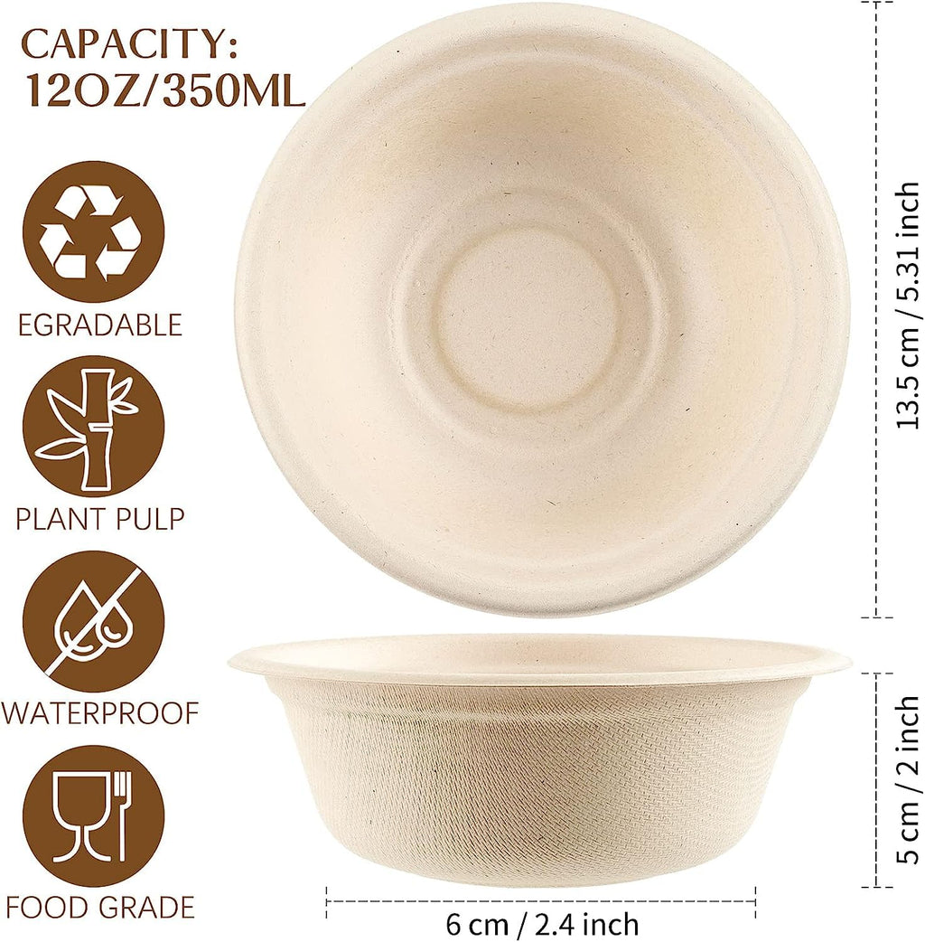 Paper Bowls, 12oz 125 Pack 100% Biodegradable Heavy Duty Disposable Bowls, Compostable Eco-Friendly Natural Sugarcane Bowl for Hot and Cold Food