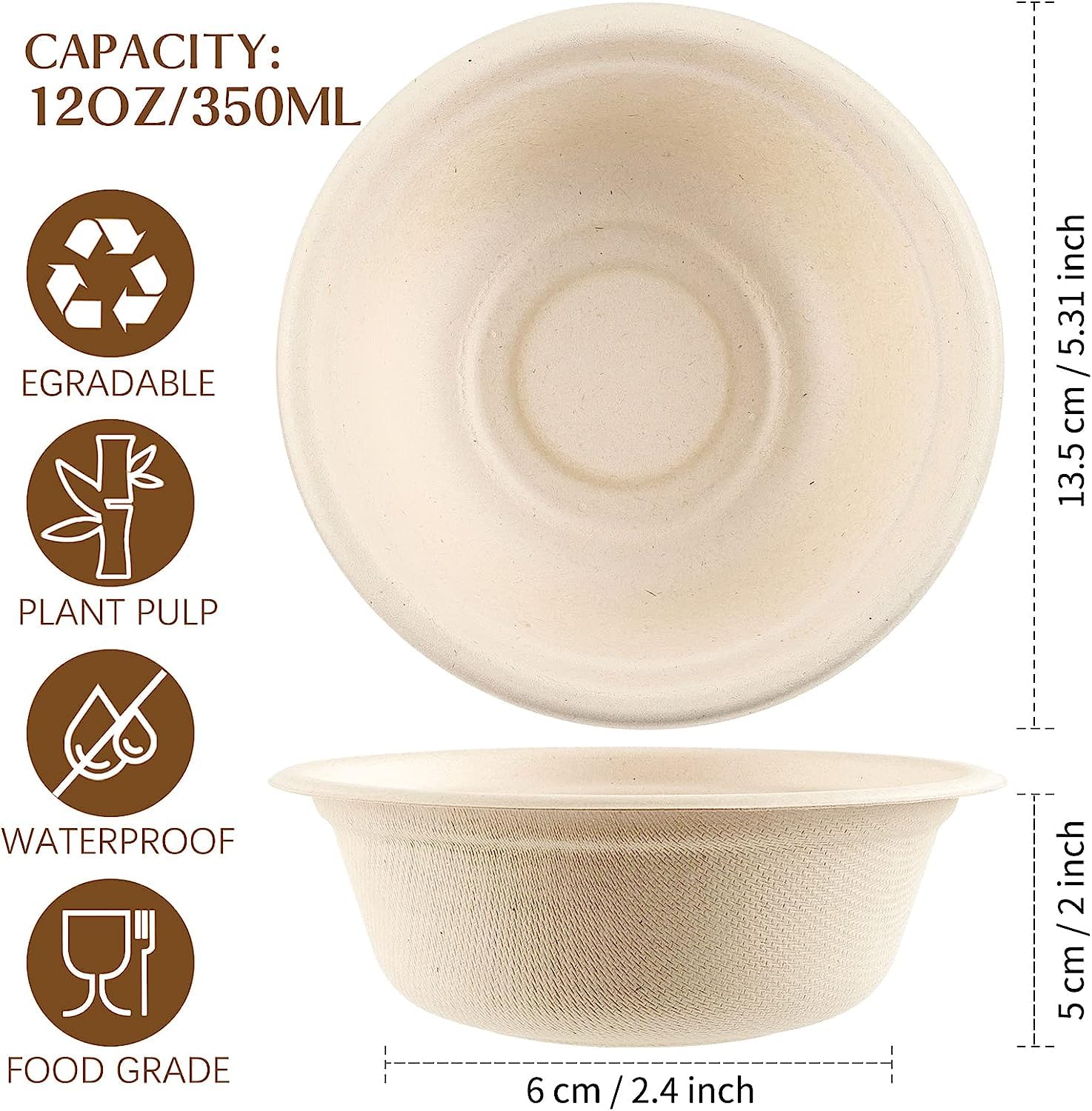 Paper Bowls, 12oz 125 Pack 100% Biodegradable Heavy Duty Disposable Bowls, Compostable Eco-Friendly Natural Sugarcane Bowl for Hot and Cold Food