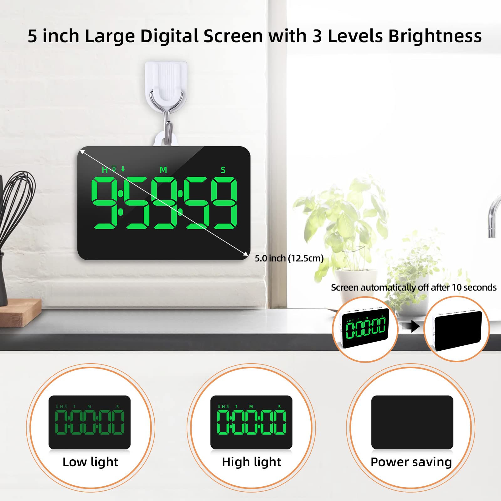 Digital Kitchen Timer-Magnetic Rechargeable Cooking Timers Countdown/up with 5”LED Display 3 Brightness 4 Volume Adjustable for Classroom Office Study Home Work Fitness Facial Game for Seniors & Kids