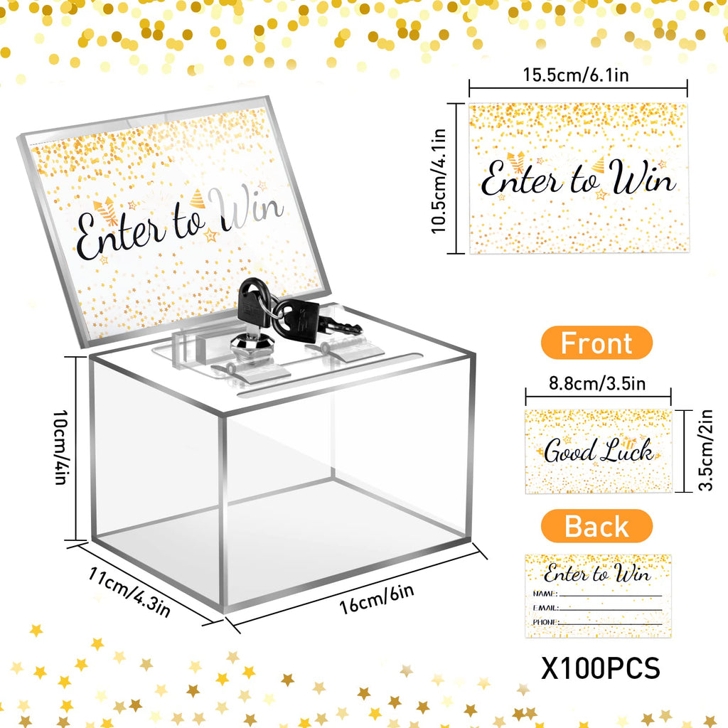 HOEMEM Acrylic Donation Box with 100 Pcs Raffle Tickets, Clear Ballot Box with Lock & Sign Holder Safe Suggestion Box Storage Container for Fundraising Voting Tip Jar (6" x 4.3" x 4")
