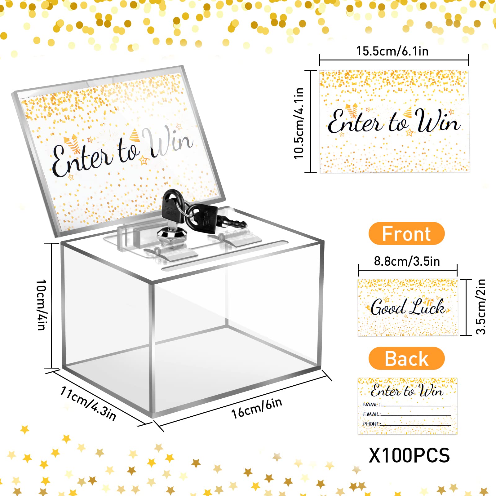 HOEMEM Acrylic Donation Box with 100 Pcs Raffle Tickets, Clear Ballot Box with Lock & Sign Holder Safe Suggestion Box Storage Container for Fundraising Voting Tip Jar (6" x 4.3" x 4")