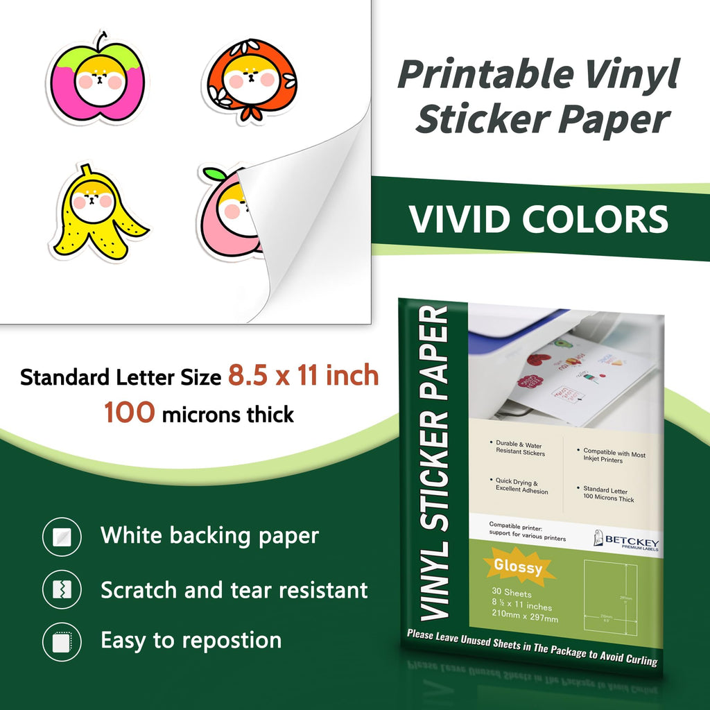 Glossy Printable Vinyl Sticker Paper for Inkjet & Laser Printer - 30 Sheets - 8.5" x 11" - Waterproof, Dries Quickly Vivid Colors