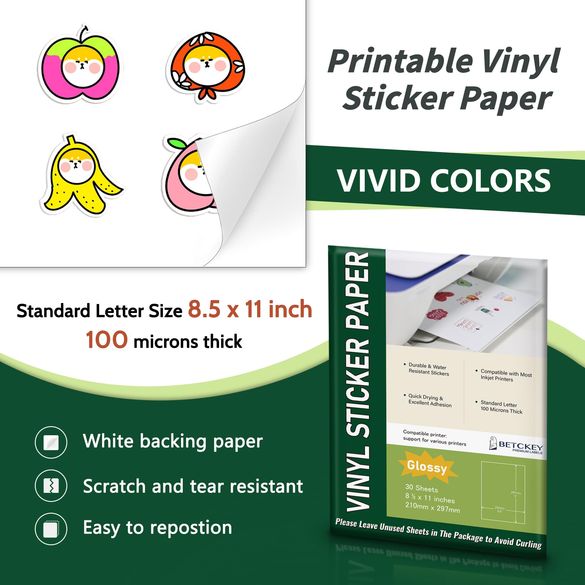 Glossy Printable Vinyl Sticker Paper for Inkjet & Laser Printer - 30 Sheets - 8.5" x 11" - Waterproof, Dries Quickly Vivid Colors