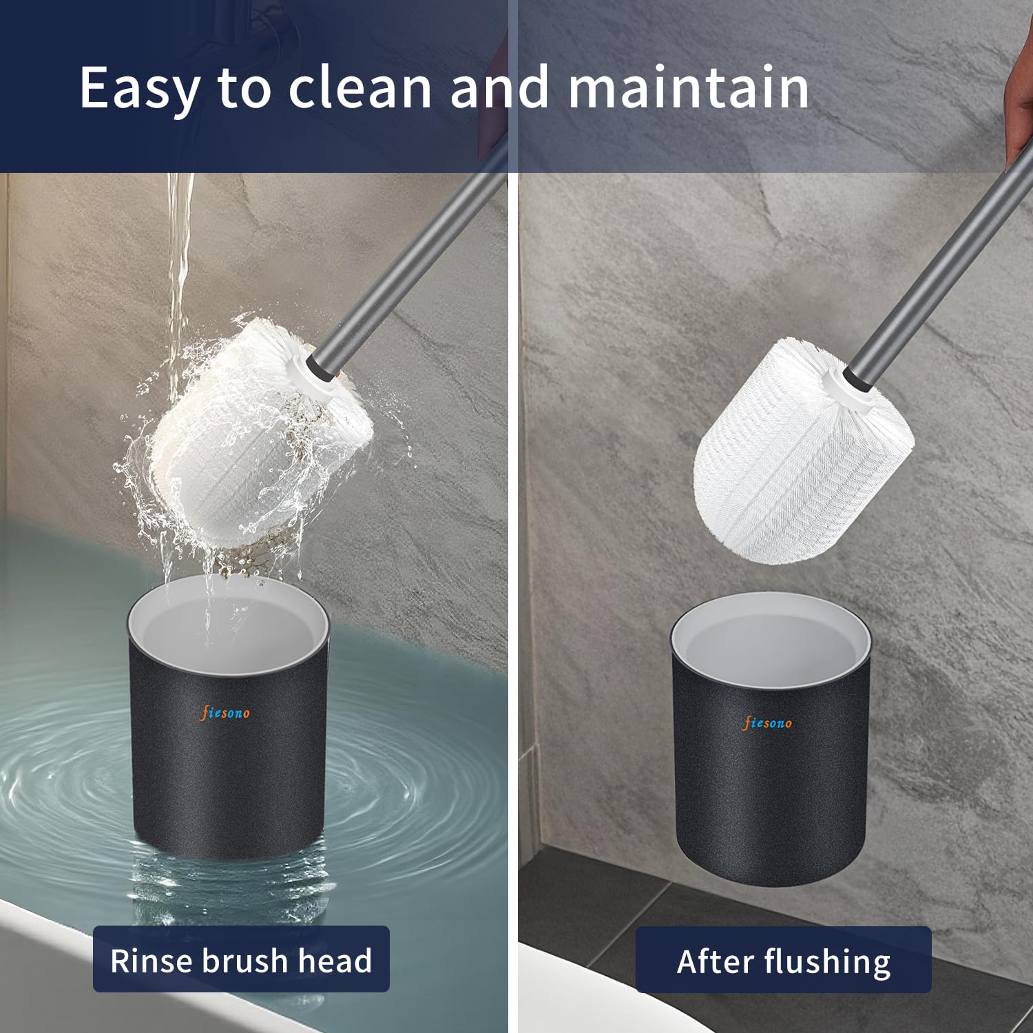 FIESONO Toilet Brush and Holder Set, Toilet Bowl Brush with Stainless Steel Light Brush Handle, Soft Bristle, Wall Mounted/Floor Standing for Bathroom Space Saving
