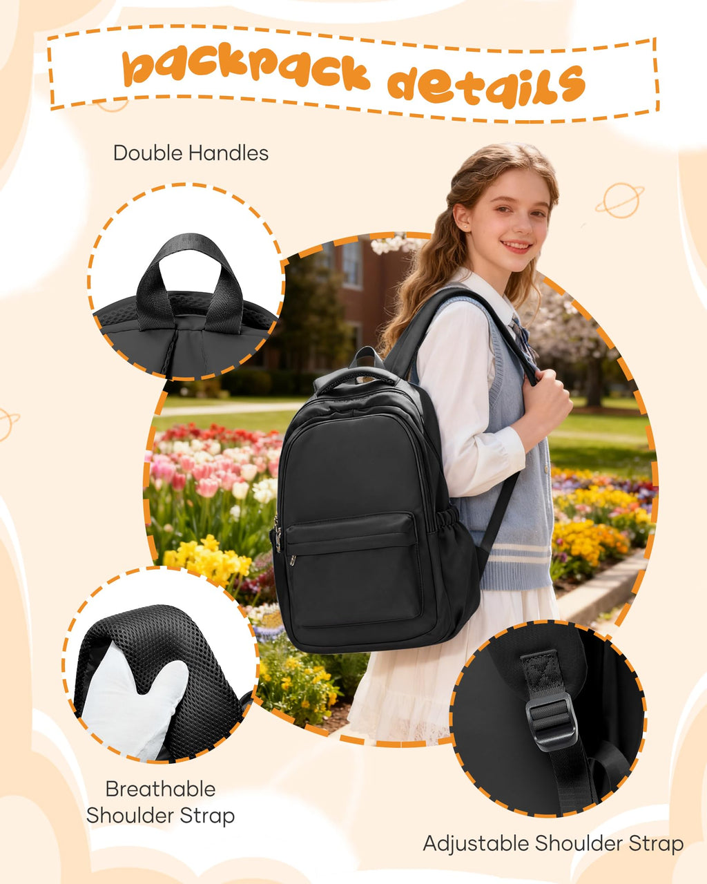 School Backpack for Women Men College High School Bag for Boys Girls Casual Daypack Laptop Backpack Waterproof Bookbag Black