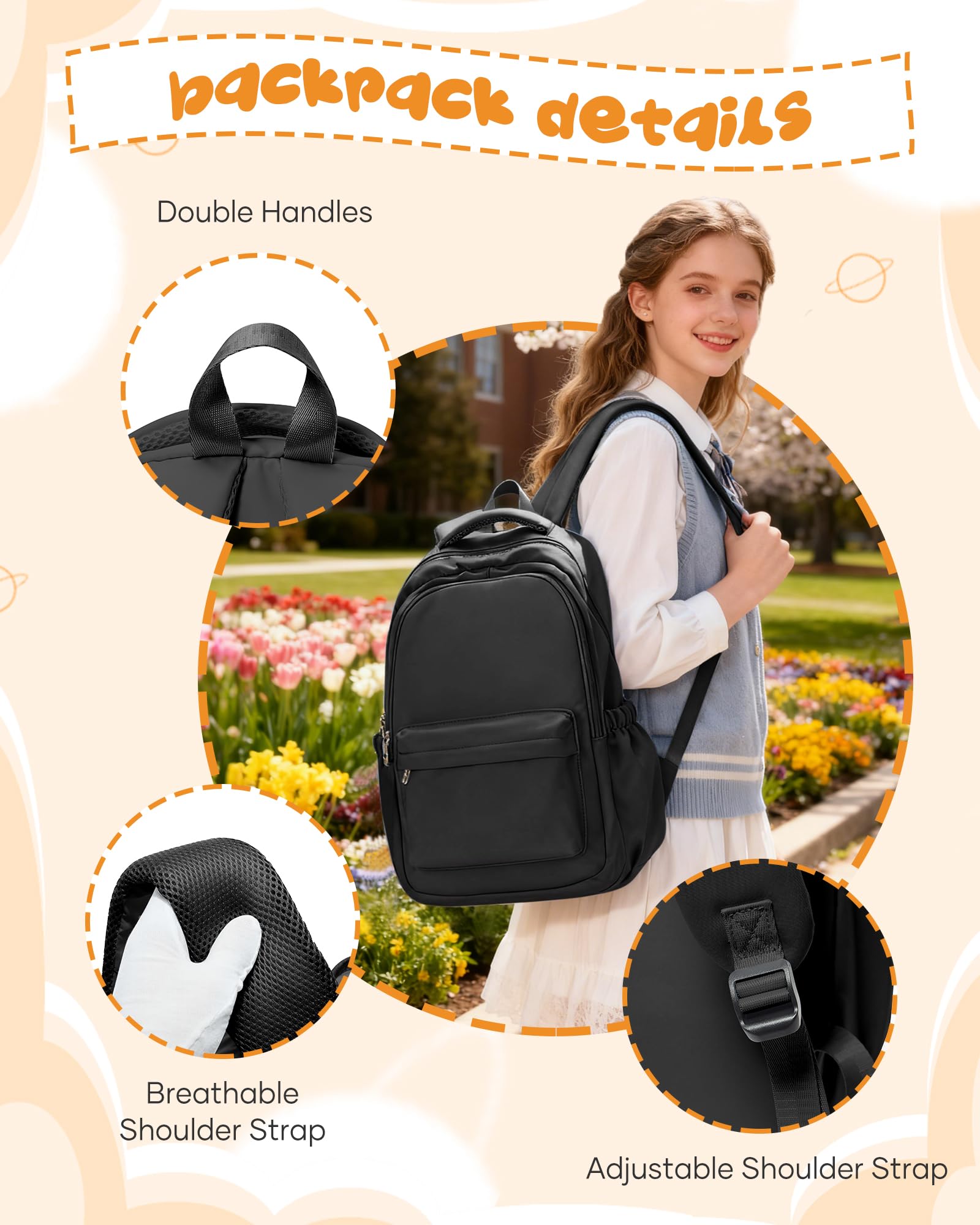 School Backpack for Women Men College High School Bag for Boys Girls Casual Daypack Laptop Backpack Waterproof Bookbag Black