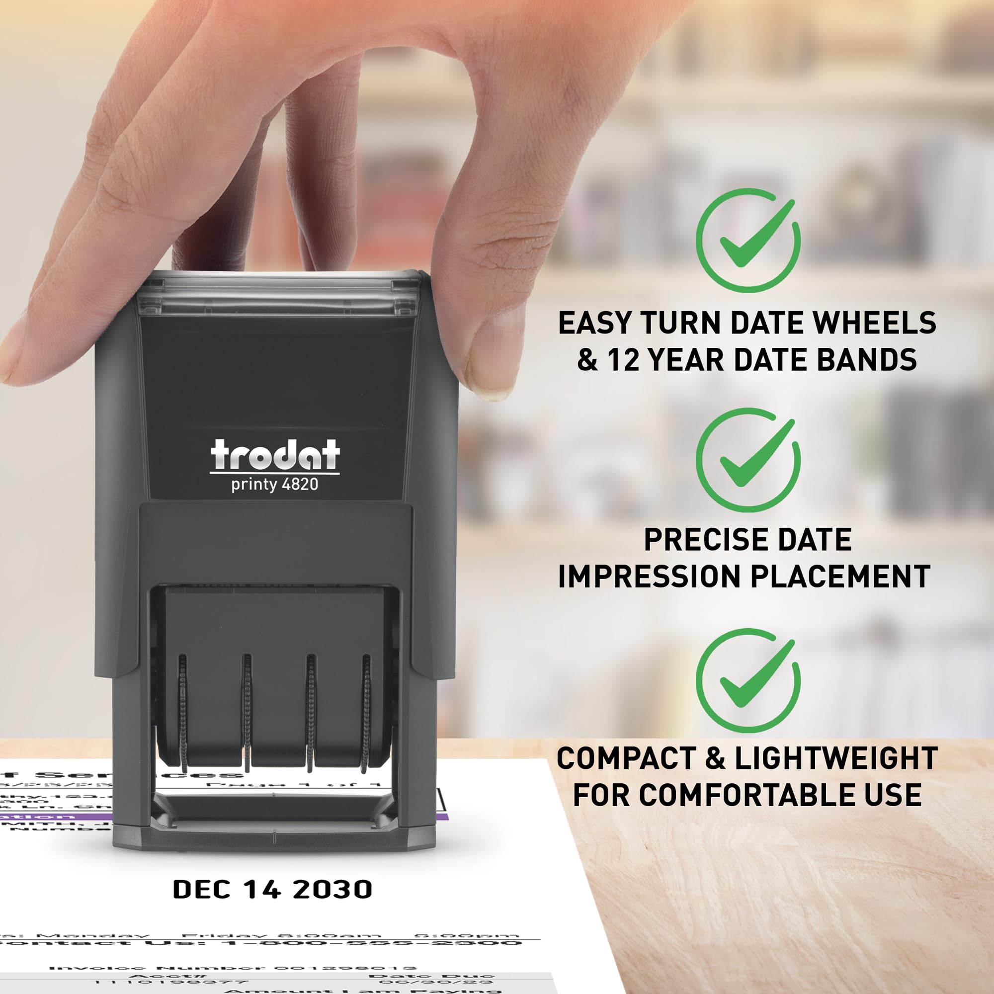 Trodat 4820 Printy 4.0, Self-Inking Date Stamp for Professional, Classroom and Personal Applications, .95 x 3.2cm, an Eco-Friendly and CO2 Compensated date stamper (Black)