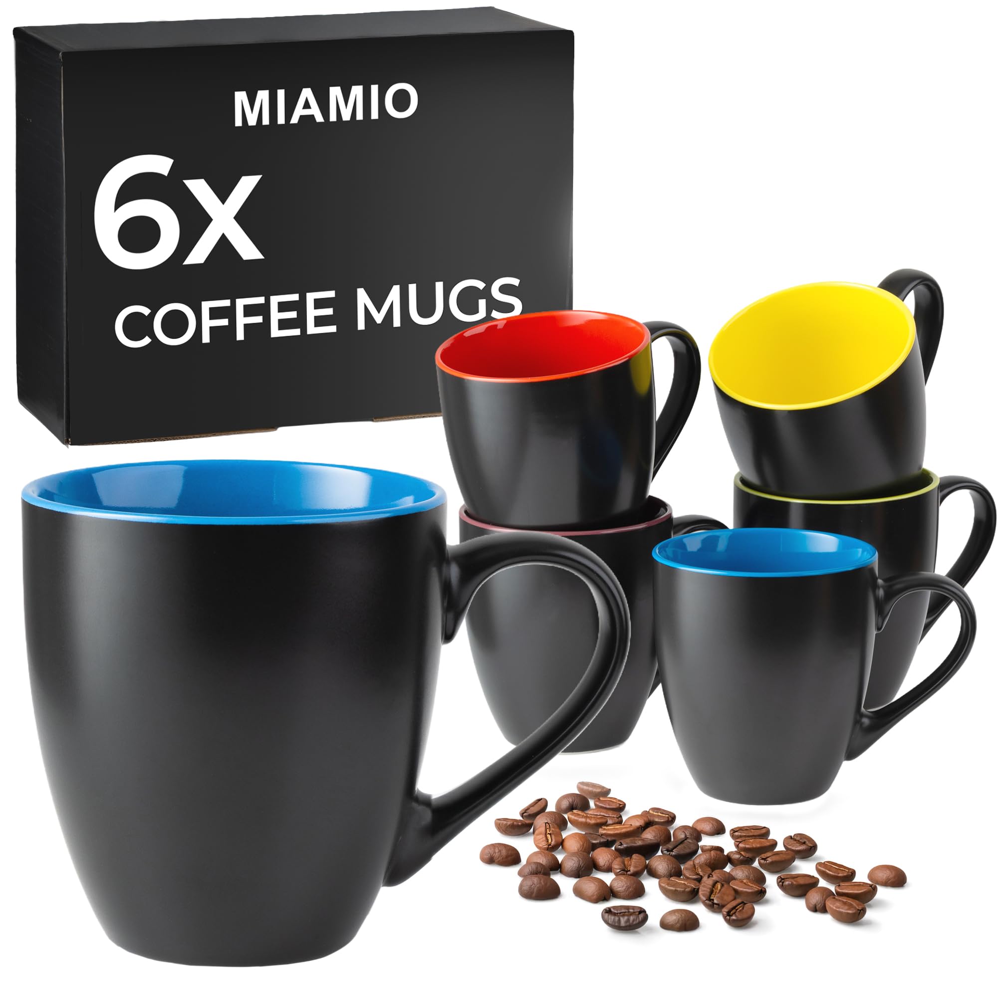MIAMIO - 6 x 350 ml Stoneware Coffee Mug/Cup Set - Le Papillon Collection (Black-Colorful)