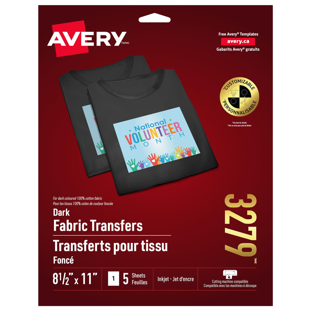 Avery Printable Dark Fabric Heat Transfer Paper, 8.5" X 11.5", for Inkjet Printers, 5 Sheets, Iron-On Transfer Paper, Customizable, White, Full Sheet and Cutting Machine Compatible, (03279)