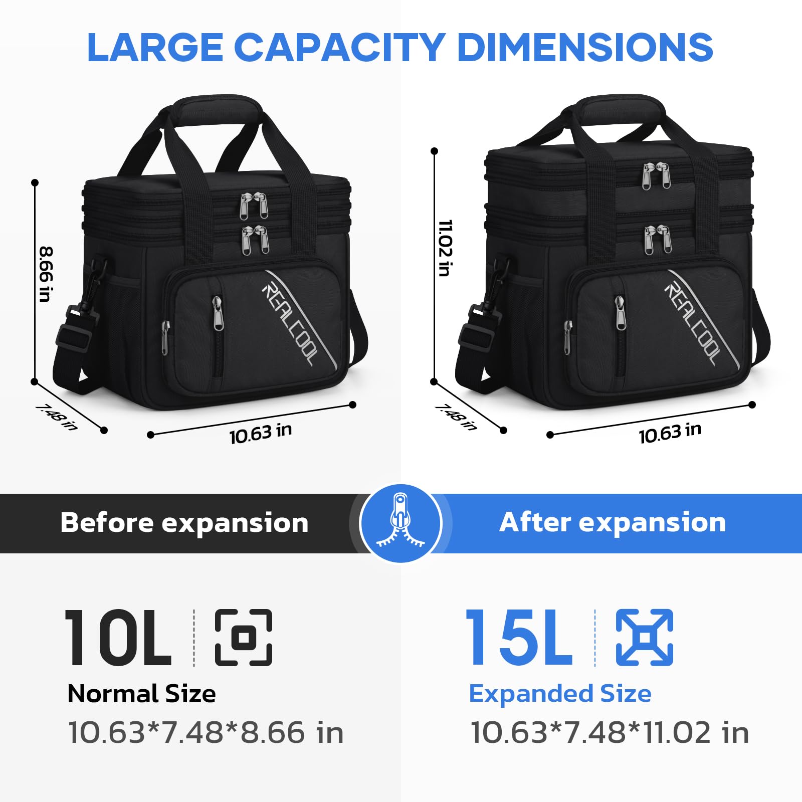 RealCool Lunch Bag, 15L Insulated Lunch Box for Men Women, Double Deck Leakproof Soft Cooler Bag with Adjustable Strap, Reusable Lunchbox for Work, Travel, Camping, Black