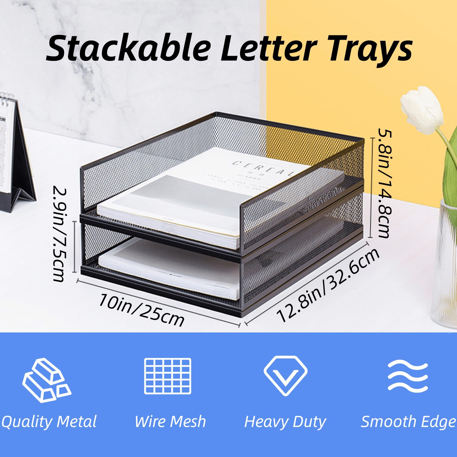 YOUEON 2 Pack Wire Mesh Letter Trays 12.8"x10"x2.9", Stackable Paper Tray Organizer for Desk, Metal Desk Magazine File Holder for Home, Office, School