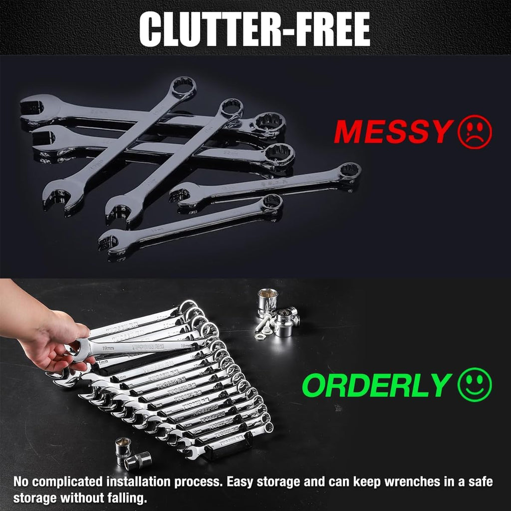Magnetic Wrench Organizer, Wrench Rack Tool Trays, Premium ABS Wrench Holder Tool Box Magnetic Wrench Holder with 12 Slots Standard Hanging Wrench Organizer for Tool Box and Wall