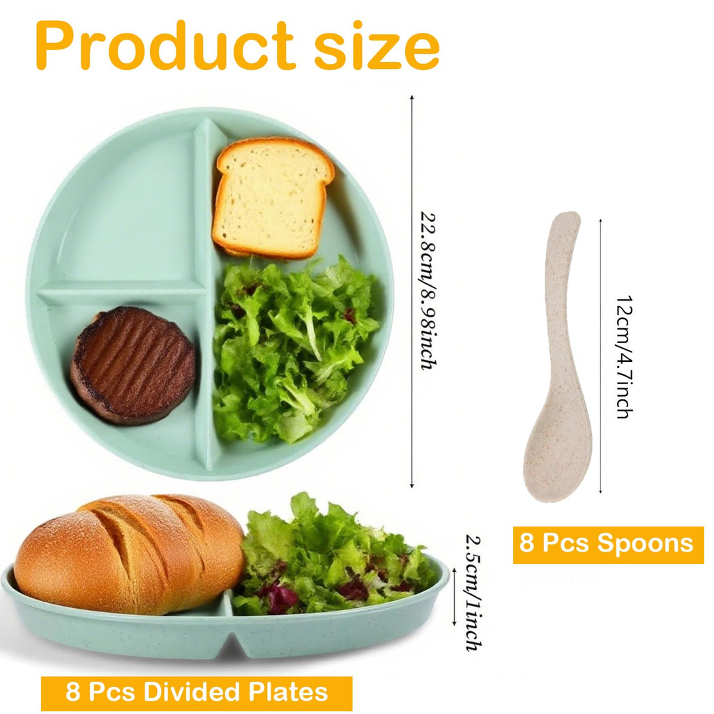 8 Pack Divided Plates 9 Inch Unbreakable Portion Control Plate Sectioned with Dividers, Plastic Food Separator Dinner Plates with 8 Spoons Lightweight Compartment Reusable Microwave Safe