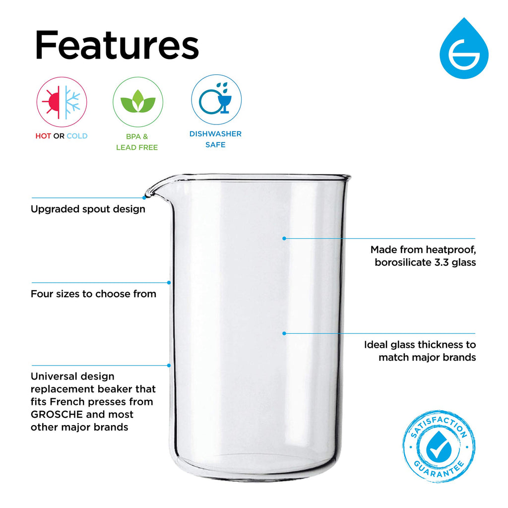 GROSCHE French Press Universal Spare Replacement Beaker, Fits Grosche and other brands of French Press Replacement Glass, Canadian Brand! 1000ml 34 fl oz (8 Cup Espresso Demitasse)