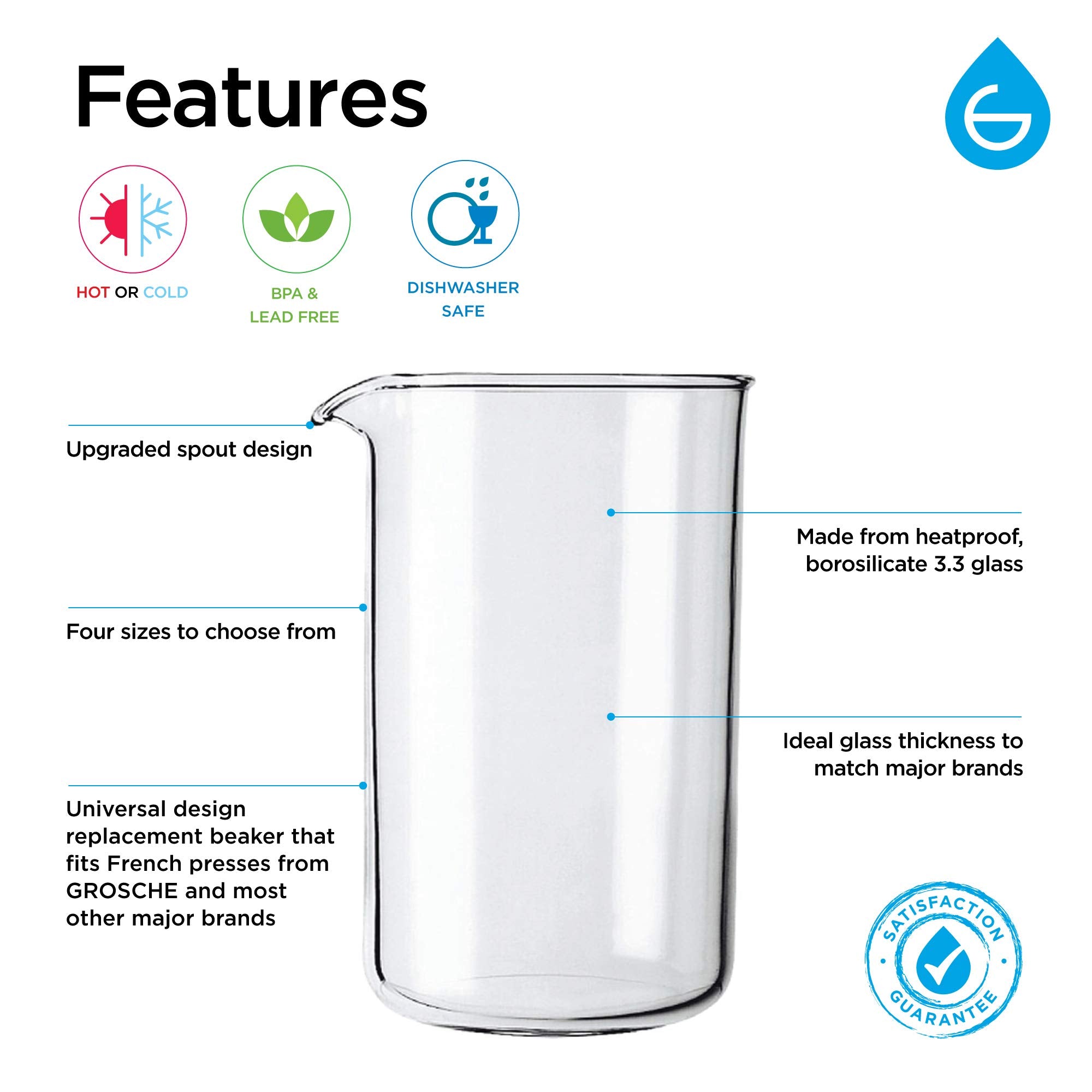 GROSCHE French Press Universal Spare Replacement Beaker, Fits Grosche and other brands of French Press Replacement Glass, Canadian Brand! 1000ml 34 fl oz (8 Cup Espresso Demitasse)