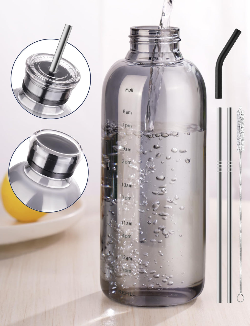 NiHome 750ml Borosilicate Glass Water Bottle with Caps, Stainless Straw, Brush and Silicone Lid, Leak-Proof Travel Bottle