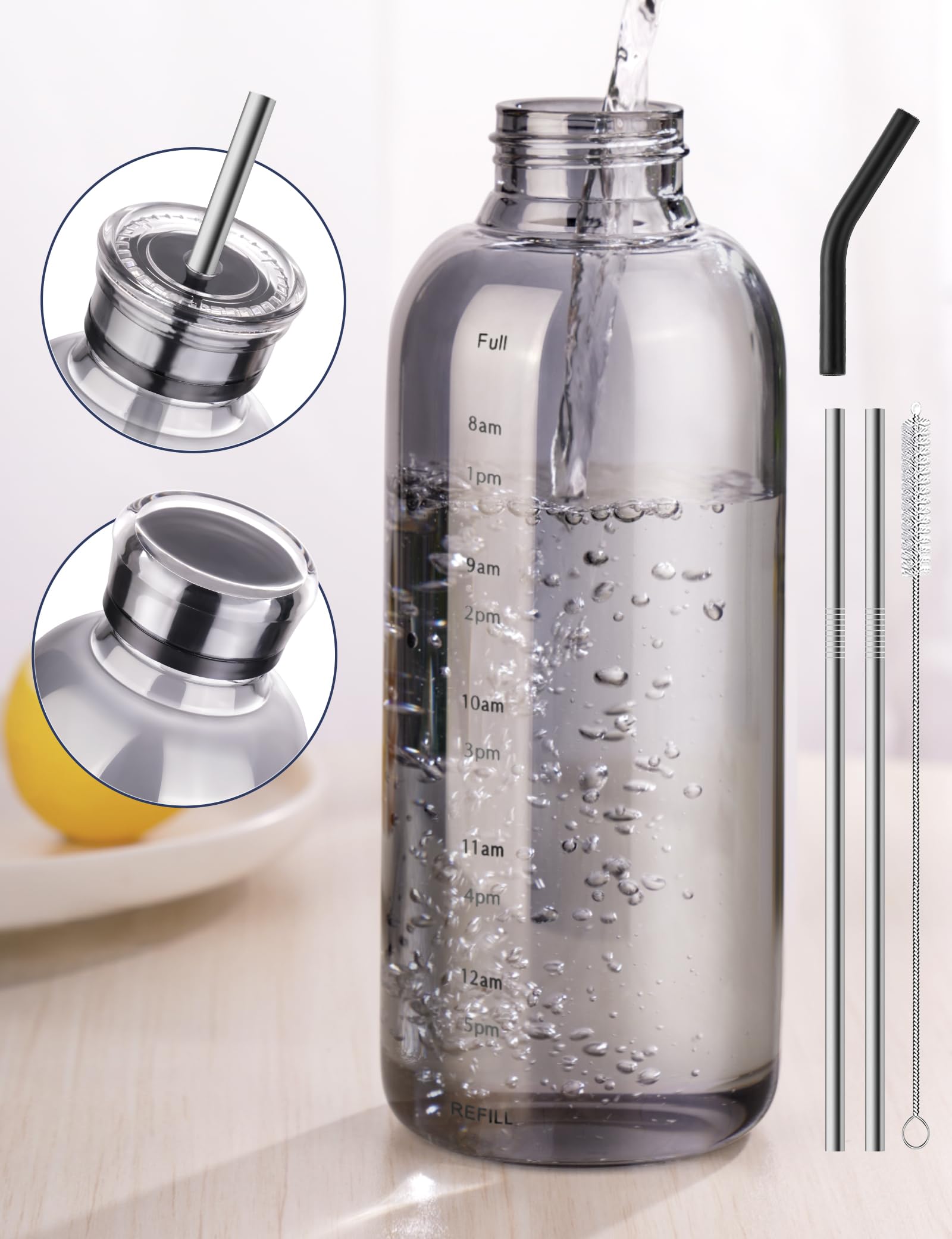 NiHome 750ml Borosilicate Glass Water Bottle with Caps, Stainless Straw, Brush and Silicone Lid, Leak-Proof Travel Bottle