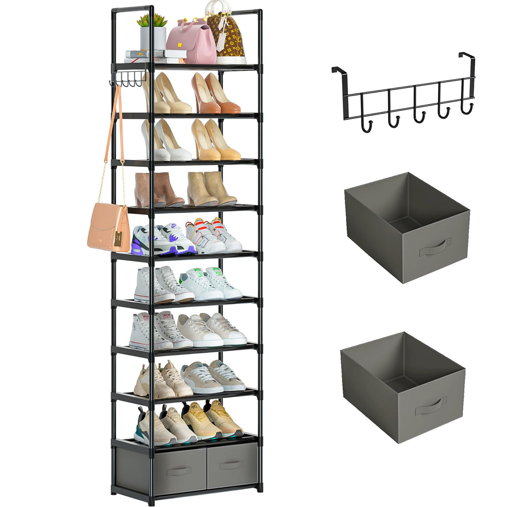 OYREL Tall Shoe Rack 10 Tier Narrow Shoes Rack 20 25 Pairs, Shoe Storage Shoe Organizer for Closet, Sturdy Metal Shoe Shelf with 2 Boxes 1 Hook