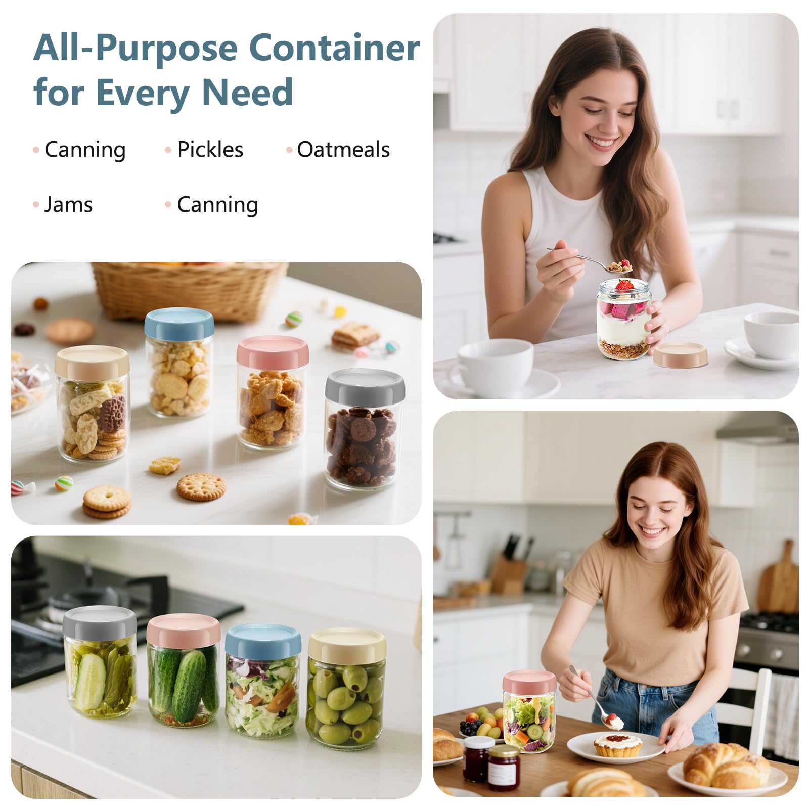 16 OZ Overnight Oats Jar, 6 Pack Overnight Oats Containers with Lids,Reusable Mason Jars, Meal Prep Containers with Lids, Glass Container Food Storage, Glass Jar for Oats,Yogurt,Snacks,Fruit