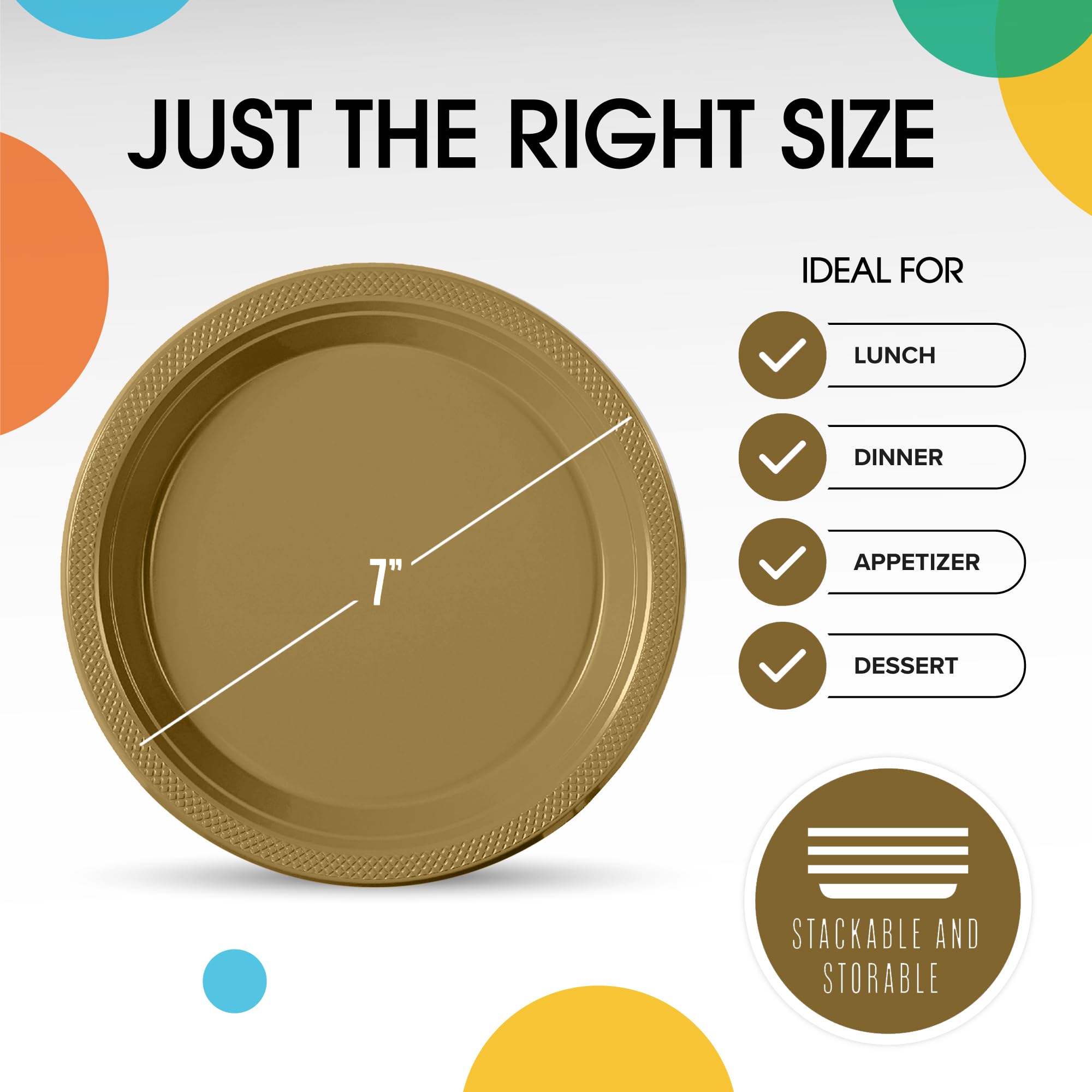 Exquisite Gold Plastic Plates for Party 7" Gold Disposable Plates for Party Supplies 50 Pcs Disposable Dinner Plate Heavy Duty 350 GSM Plate Sets, Plastic Dinnerware Sets