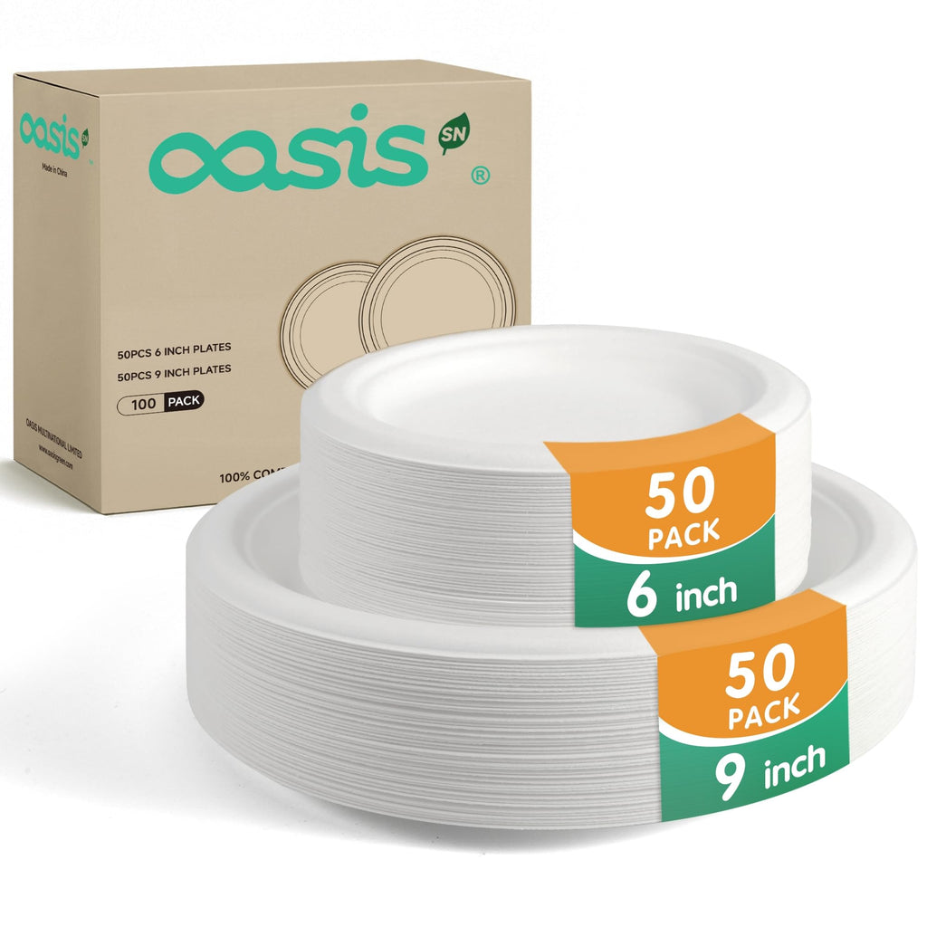 OasisSN 100-Pack Compostable Paper Plates Set – Includes 6" & 9" Heavy-Duty Sugarcane Plates (50 Each) – Eco-Friendly Disposable Plates for Meals, Snacks, and Parties