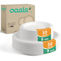 OasisSN 100-Pack Compostable Paper Plates Set – Includes 6" & 9" Heavy-Duty Sugarcane Plates (50 Each) – Eco-Friendly Disposable Plates for Meals, Snacks, and Parties