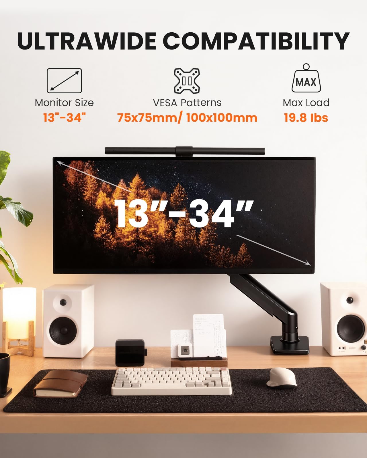ErGear Single Monitor Arm, Adjustable Gaming Monitor Mount for 13–34 Inch Screens, Fast Install Computer Monitor Stand with Tool-Free VESA Mount, Cable Management, Holds 19.8 lbs, Max VESA 100x100mm
