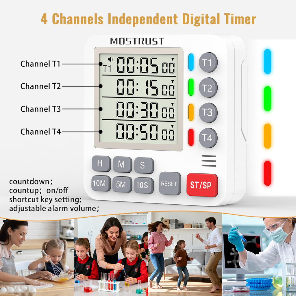 MOSTRUST Digital Dual Kitchen Timer, 4 Channels Independent Countdown Timer, Large Display, On/Off, Loud Volume Alarm and Flashing Light with Magnetic Back, Stand, Battery Included (White)