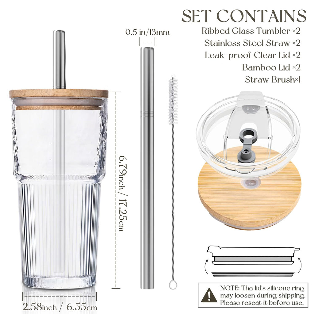 KEMORELA 20oz Ribbed Glass Tumblers with Bamboo & 2 in 1 Leak-Proof Lids, Extra-Wide 13mm Reusable Stainless Steel Straws, 2Pcs Vintage Drinking Glasses for Boba, Iced Coffee, Smoothies,Travel Cups