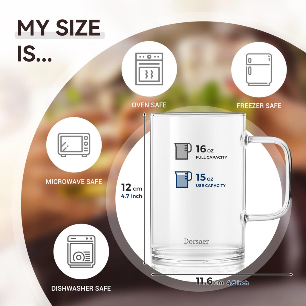 Dorsaer 480ml Glass Mug Sets(2 Pack), 16oz Flat Bottom Glass Coffee Mugs, Heat-Resistant, Large Clear Glass Cup with Handle for Beverages, Tea, Cappuccino, Latte, Espresso, Juice...