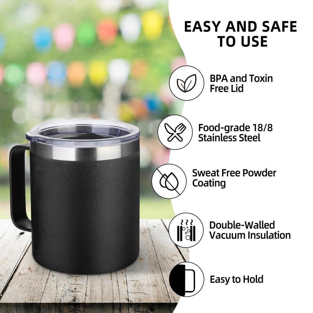 Volhoply 14oz Insulated Stainless Steel Coffee Mug with Lid Bulk 2 Pack,Double Wall Vacuum Travel Coffee Cup with Handle,Reusable Cups Tumbler,Camping Mugs Keep Hot,Christmas Gifts(Black,2 Set)