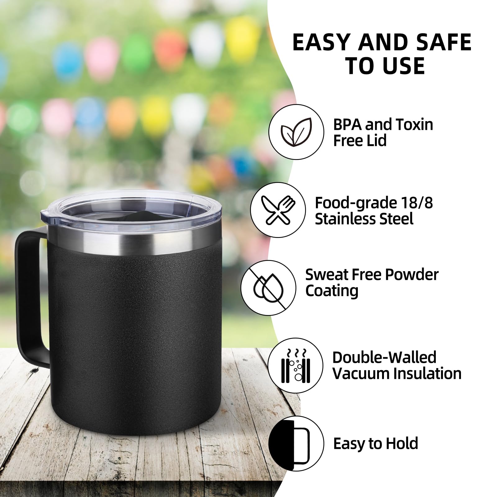Volhoply 14oz Insulated Stainless Steel Coffee Mug with Lid Bulk 2 Pack,Double Wall Vacuum Travel Coffee Cup with Handle,Reusable Cups Tumbler,Camping Mugs Keep Hot,Christmas Gifts(Black,2 Set)