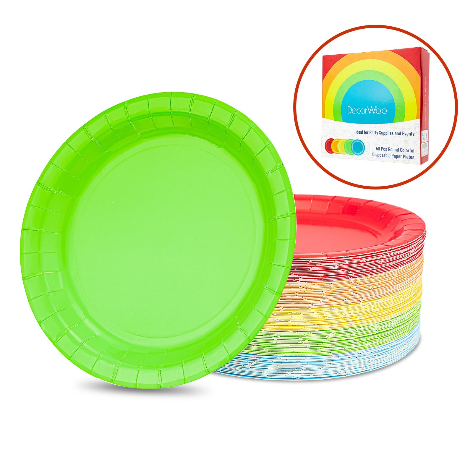 DecorWoo St Patricks Day 50 Pcs Colorful Paper Plates, Disposable Rainbow Party Plates, Dessert & Dinner Plates Party Supplies for Kids Adults, Colored Plates for Holiday Decorations Birthday(Round)