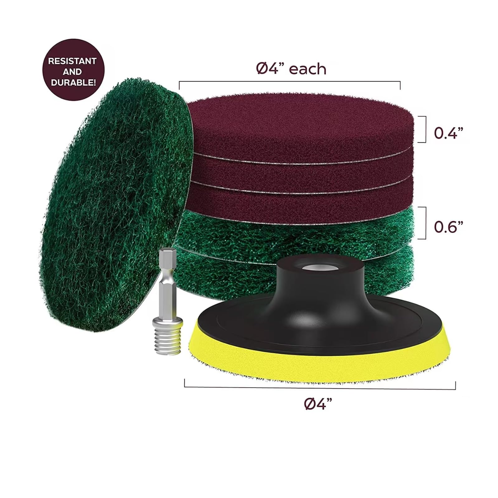 4 inch drill Power Brush Tile Scrubber Scrub Pad 2 different stiffness 4 inch pad Holders with 6 scrub pads Heavy Duty bath and tile cleaner for perfect cleaning of large flat areas drill not included