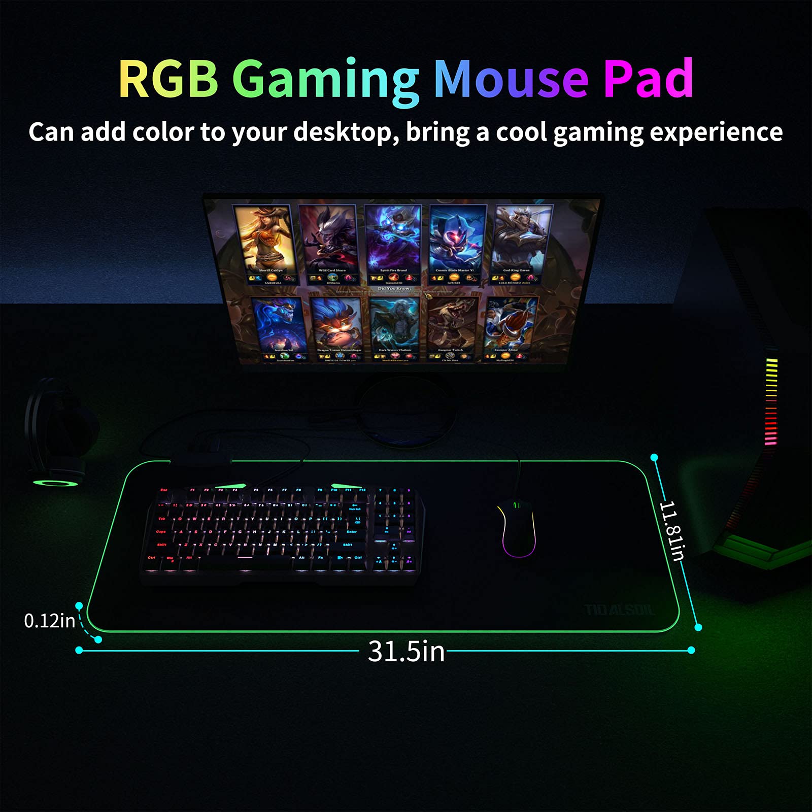 TIDALSOIL RGB Gaming Mouse Pad with 4-Port USB Hub and 13 Lighting Modes, Oversize Anti-Slip Rubber Base with Waterproof Coating Mouse Mat for Computer PC Games, 80 x 30 cm, Black