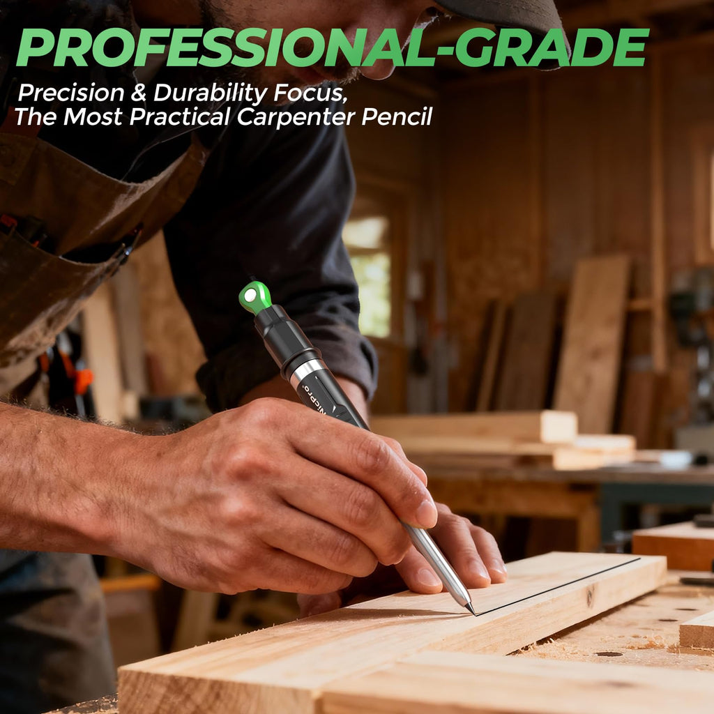 Nicpro CP5000 Carpenter Pencil with Armored Exterior, Multifunction Portable All-in-one Deep Hole Marking for Construction, Professional Woodworking, ABS Anti-Gravity Tools Architect(Black-green #003)