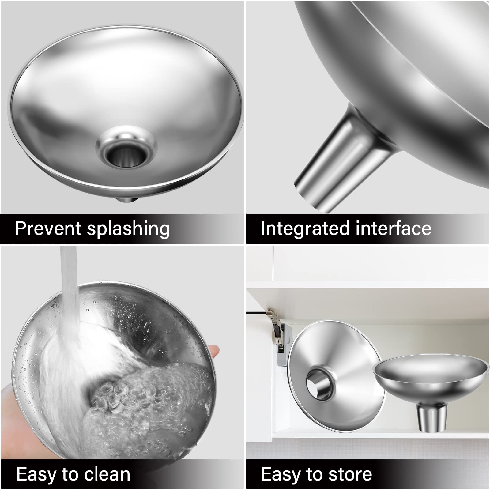 Serinar Stainless Steel Funnel, 2 Large and Small Mouth Filling Kitchen funnels, Liquids, fluids, Spices and Powders, Durable and Washable.