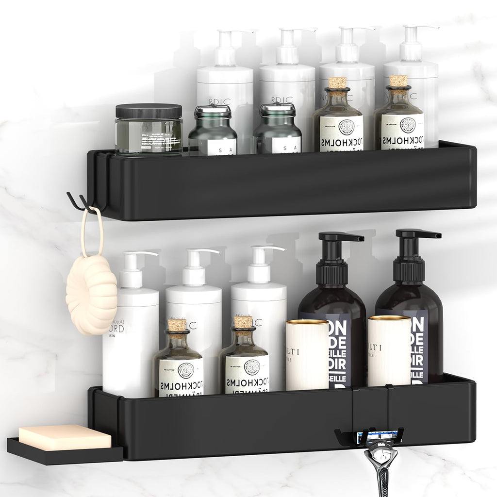 Gabeeriso Large Shower Caddy Bathroom Organizers and Shelves, No Drill Bathroom Shelf, Adhesive Rust Proof Shower Rack with Removable Hooks, Wall-Mounted Shower Holder, 40.5 x 12 x 6 cm, Black