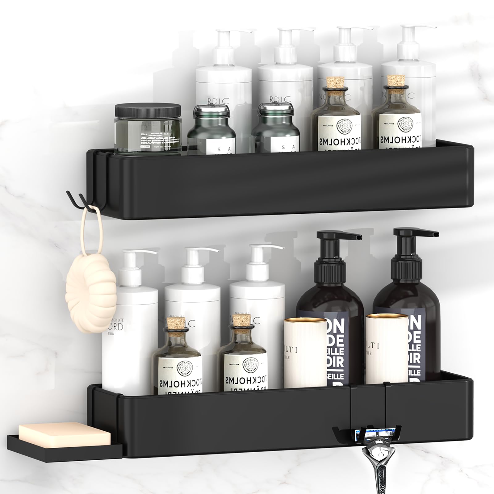 Gabeeriso Large Shower Caddy Bathroom Organizers and Shelves, No Drill Bathroom Shelf, Adhesive Rust Proof Shower Rack with Removable Hooks, Wall-Mounted Shower Holder, 40.5 x 12 x 6 cm, Black
