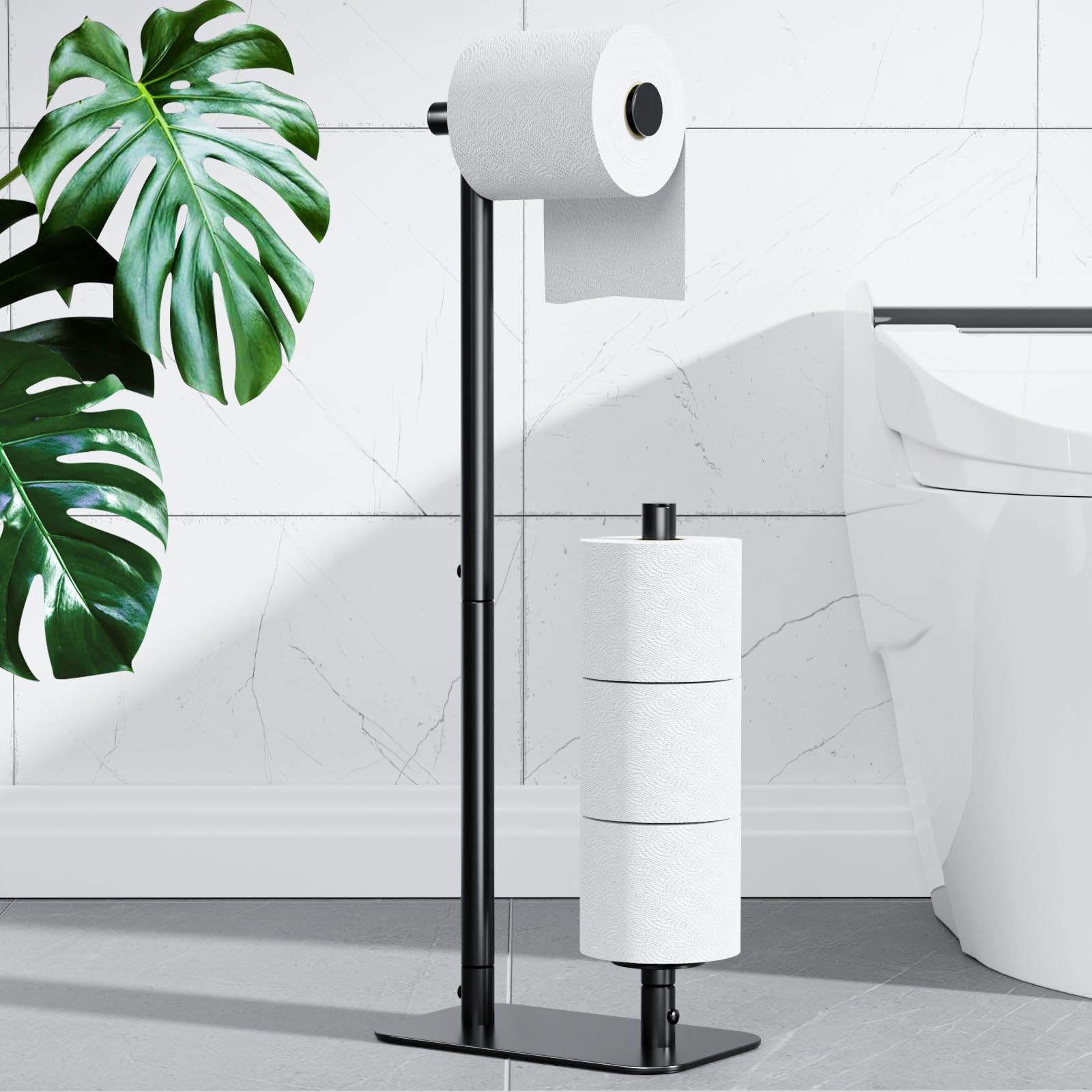 Kitsure Toilet Paper Holder - Large Capacity Standing Toilet Paper Holder for 4 Rolls, Rustproof Roll Storage Stand with Non-Slip Stable Base for Bathroom, Black，Large