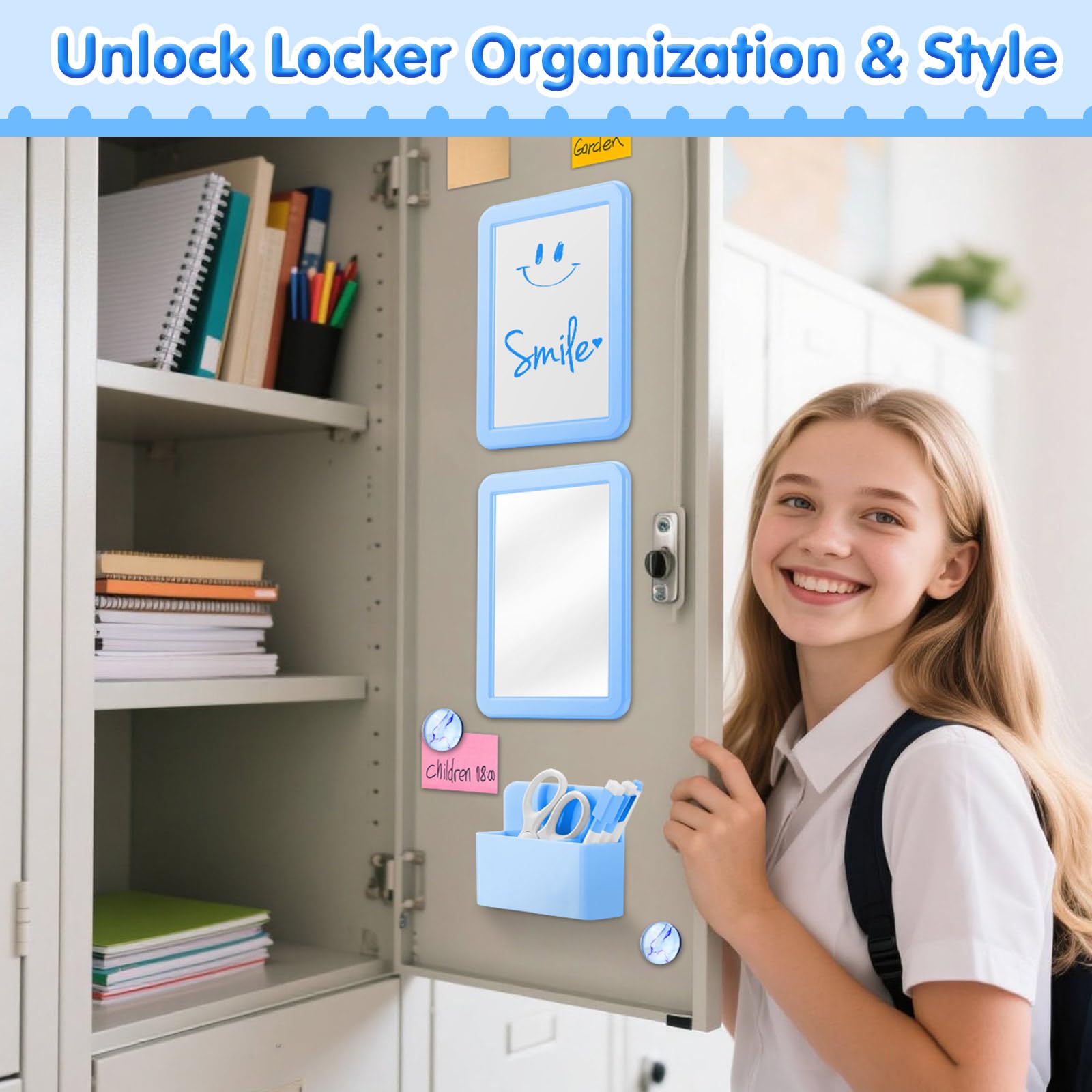 MoKo Locker Accessories Set, 11PCS Back to School Supplies Includes Magnetic Mirror, Whiteboard, Markers, Pen Holder and Magnets, Locker Organizer for School Office (Pink)