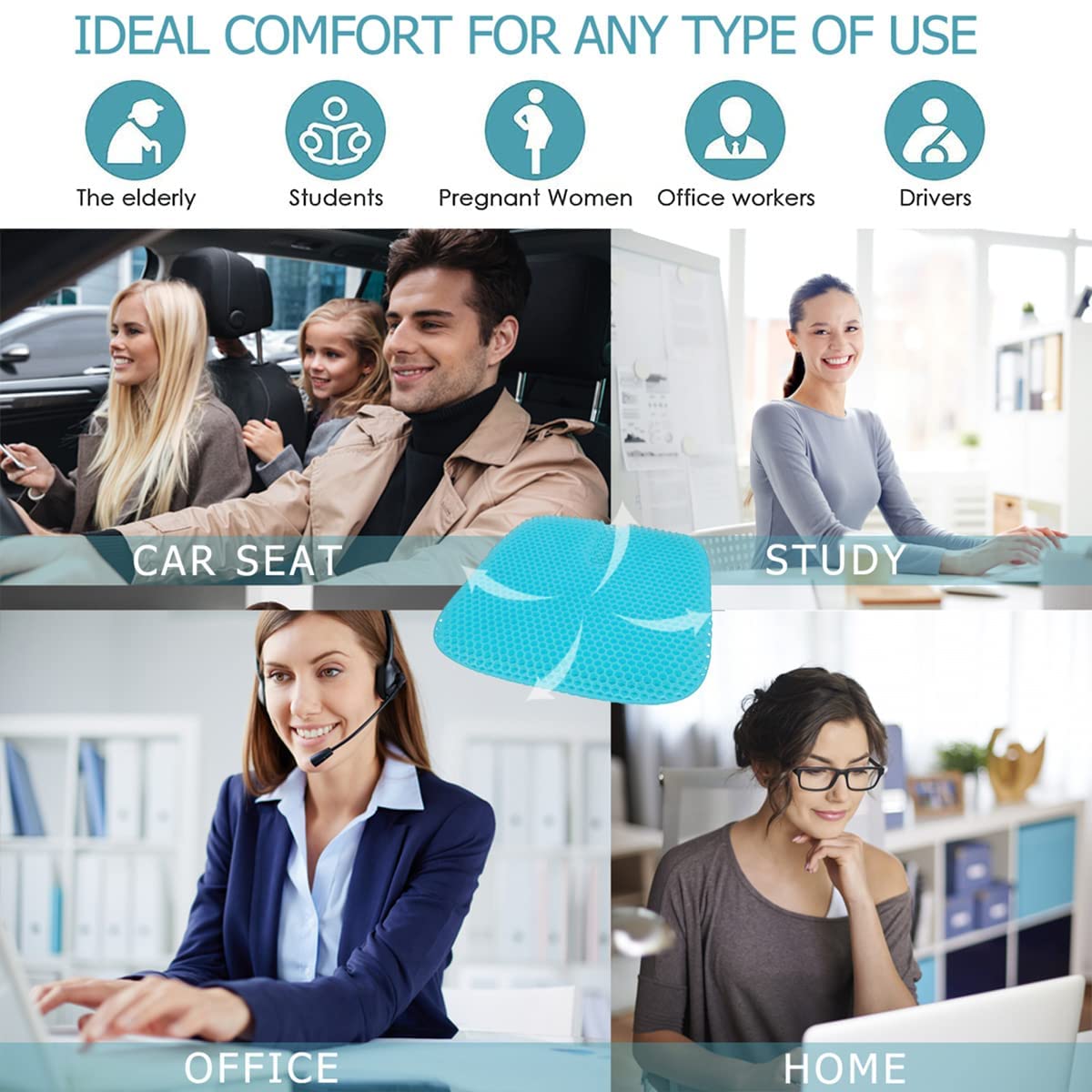 Gel Seat Cushion for Long Sitting, Gel Cushions for Pressure Sores Relief, Double Thick Gel Cushion for Sitting, Seat Cushions for Office Chairs with Breathable Nonslip Cover
