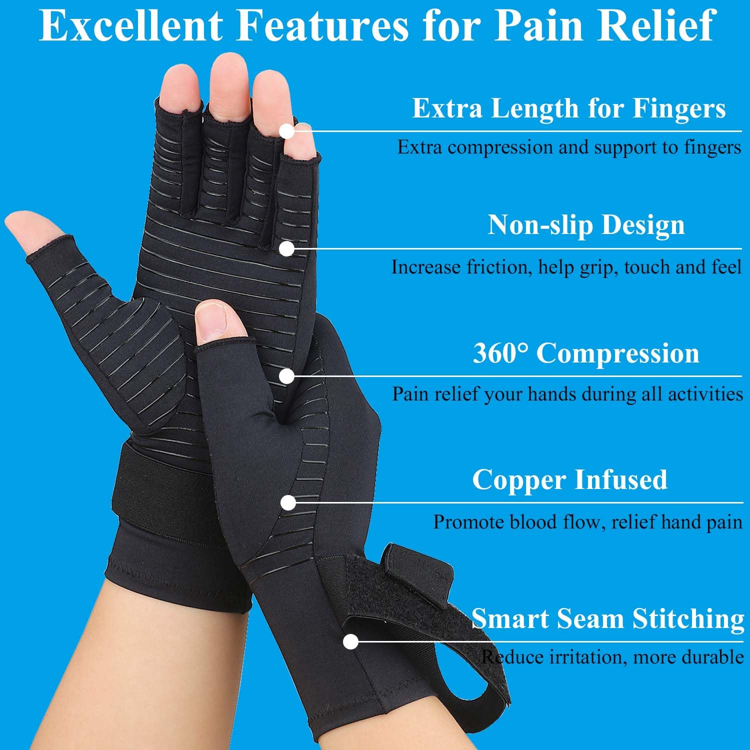 2 Pairs Copper Arthritis Gloves for Women Men, Fingerless Compression Gloves Relieve Hand Pain, Typing Gloves for Arthritis, Carpal Tunnel, Tendonitis, RSI with Adjustable Wrist Strap (Small/Medium)