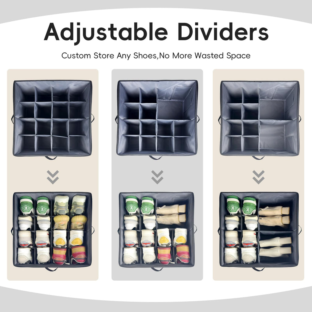 Vexalora Shoe Organizer for Closet, 2 Pack Shoe Storage Bins with Clear Cover, Adjustable Dividers Fits 16-32 Pairs Shoe Boxes, Organizador de Zapatos, Grey