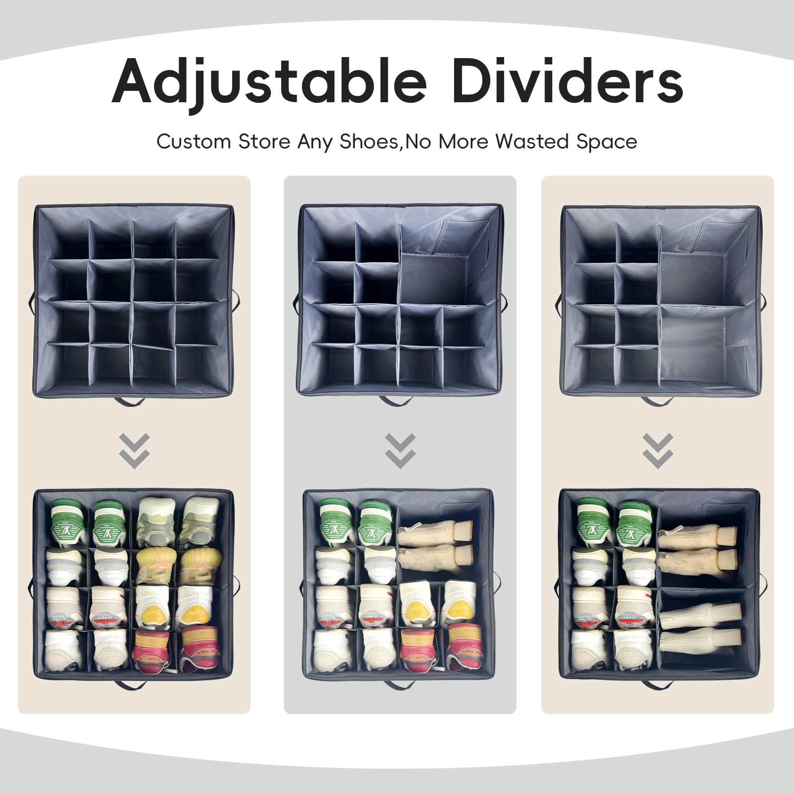 Vexalora Shoe Organizer for Closet, 2 Pack Shoe Storage Bins with Clear Cover, Adjustable Dividers Fits 16-32 Pairs Shoe Boxes, Organizador de Zapatos, Grey