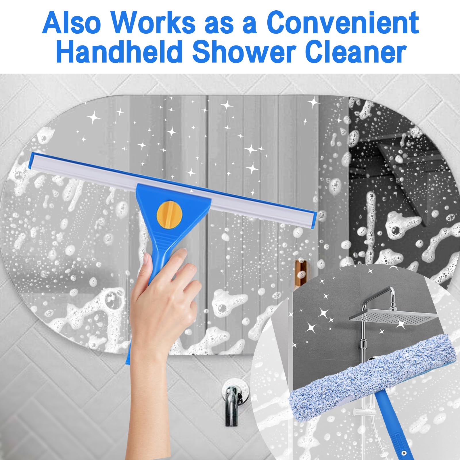 12.5Ft (3.8M) Telescopic Window Cleaner Kit - Extendable Pole, 37cm Scrubber(3X Replaceable Sleeves), Squeegee(35cm *2 & 25cm *1). Perfect Cleaning Equipment for High Windows, Shower Glass, Car, RV