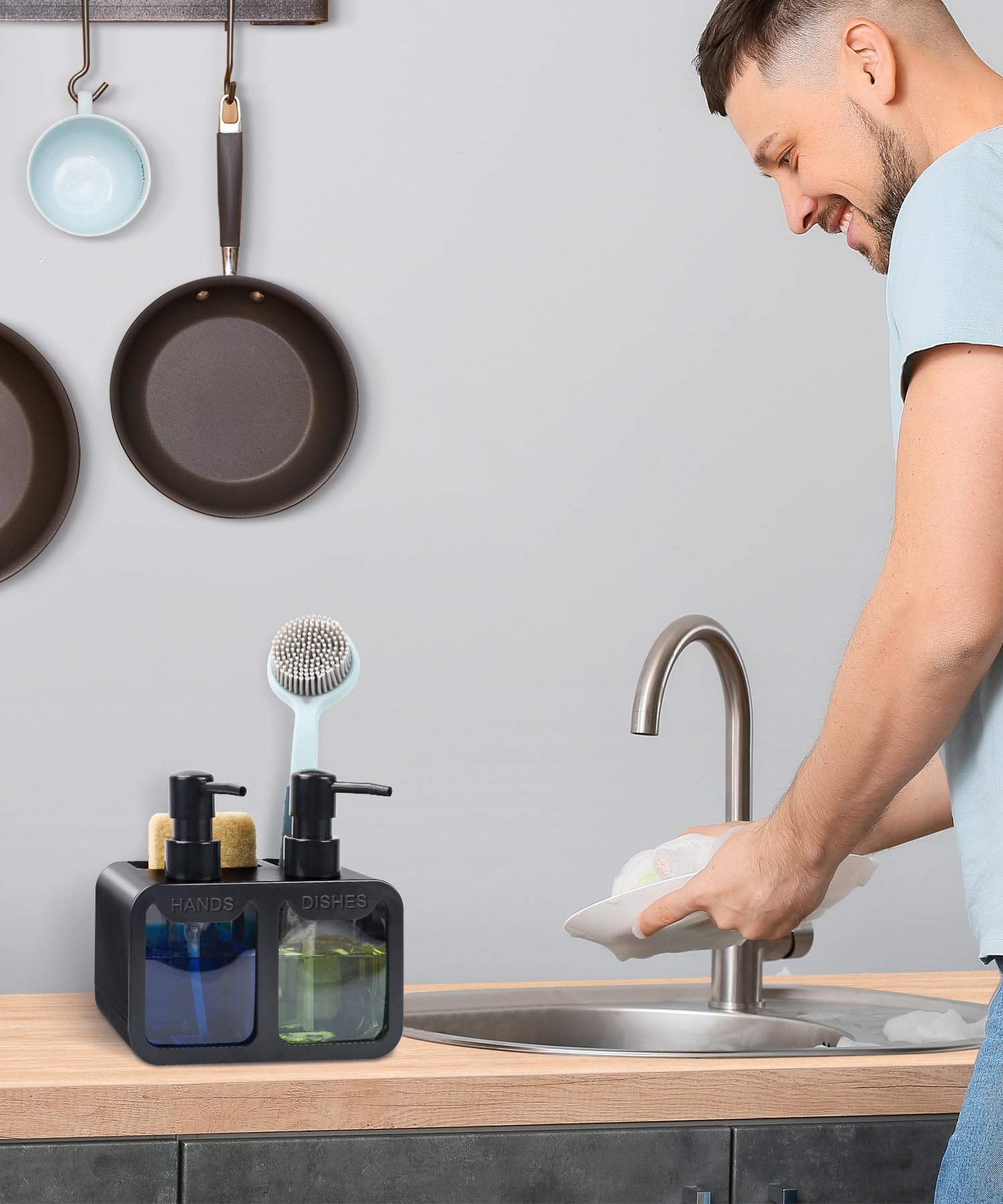 Kitchen Hand Soap and Dish Soap Dispenser Set, Dual Soap Dispenser with Sponge Caddy and Brush Holder 4-in-1 Organizer for Kitchen Sink Countertop, Useful Kitchen Gadgets - Black
