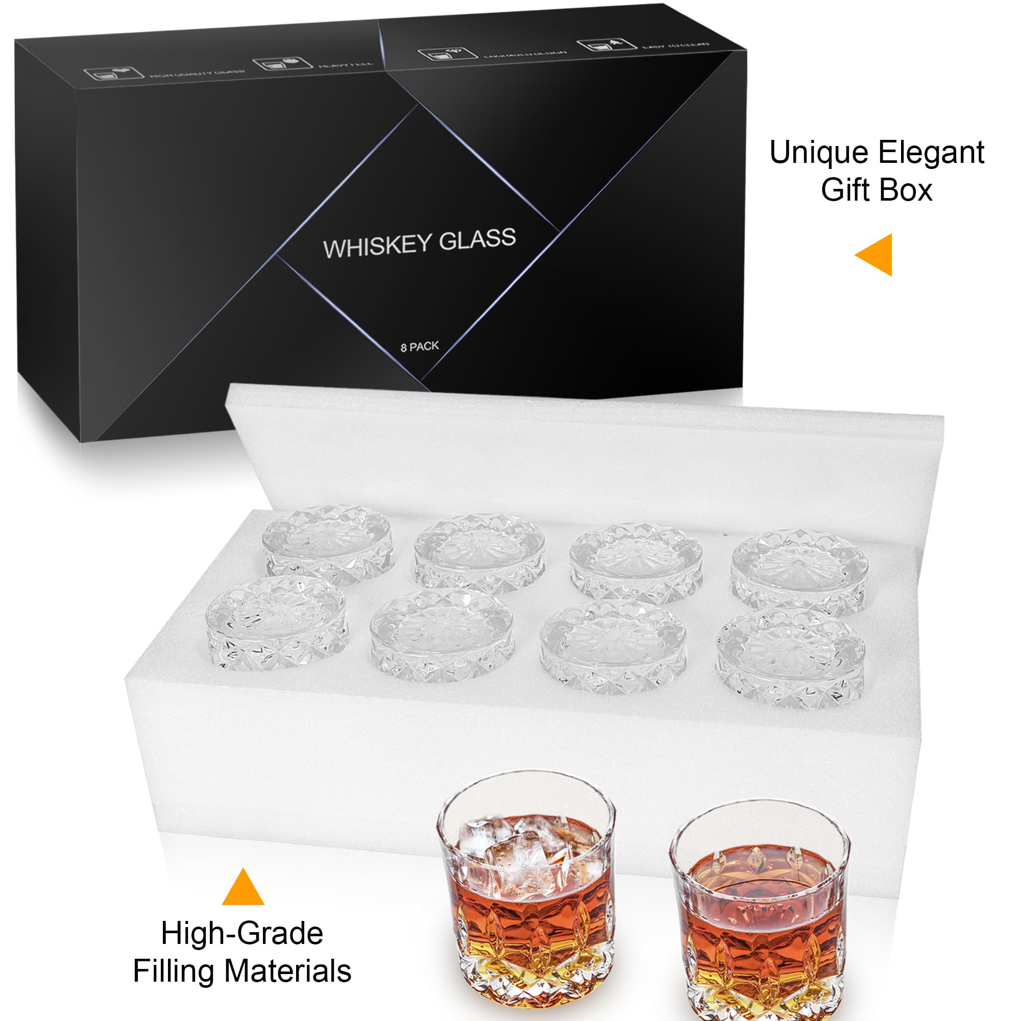 Whiskey Glasses Set of 8, 330ml Cocktail Glasses in Gift Box (Buy 6, get 2 Free), Crystal Old Fashioned Glass for Drinking Bourbon Vodka Rum Liquor, Barware Gifts for Men